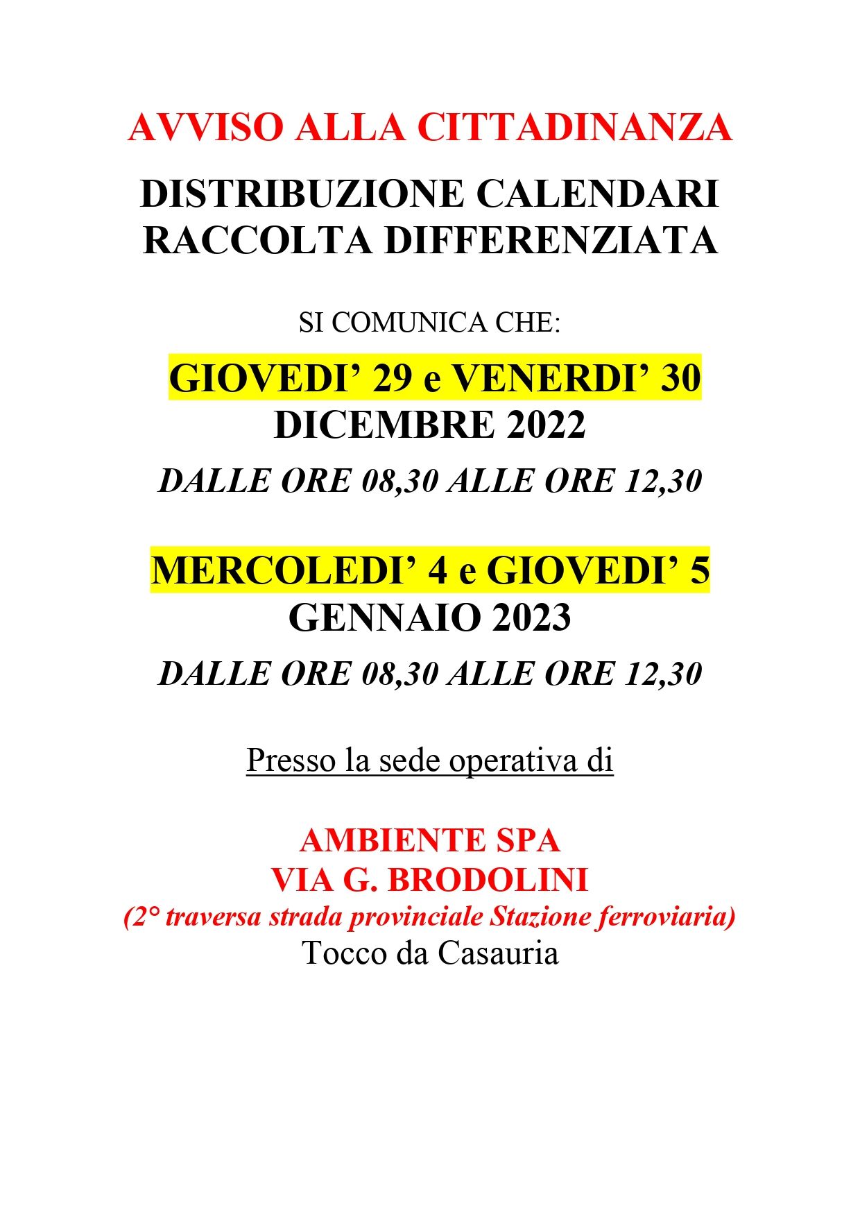 AVVISO DISTRIBUZIONE CALENDARIO RACCOLTA DIFFERENZIATA